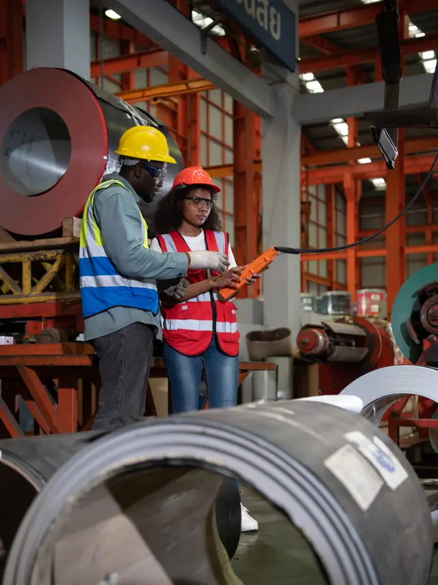 Two workers handling equipment beside rolls of sheet metal