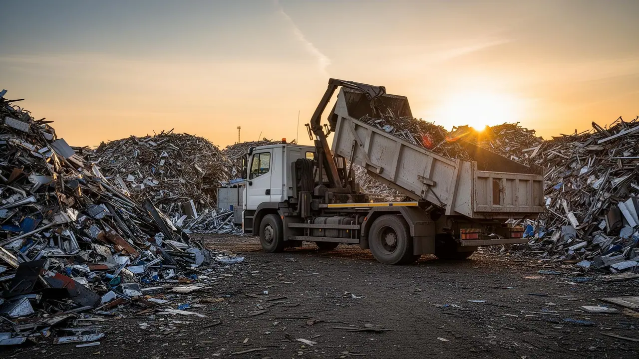 Truck among piles of scrap metal at a recycling yard