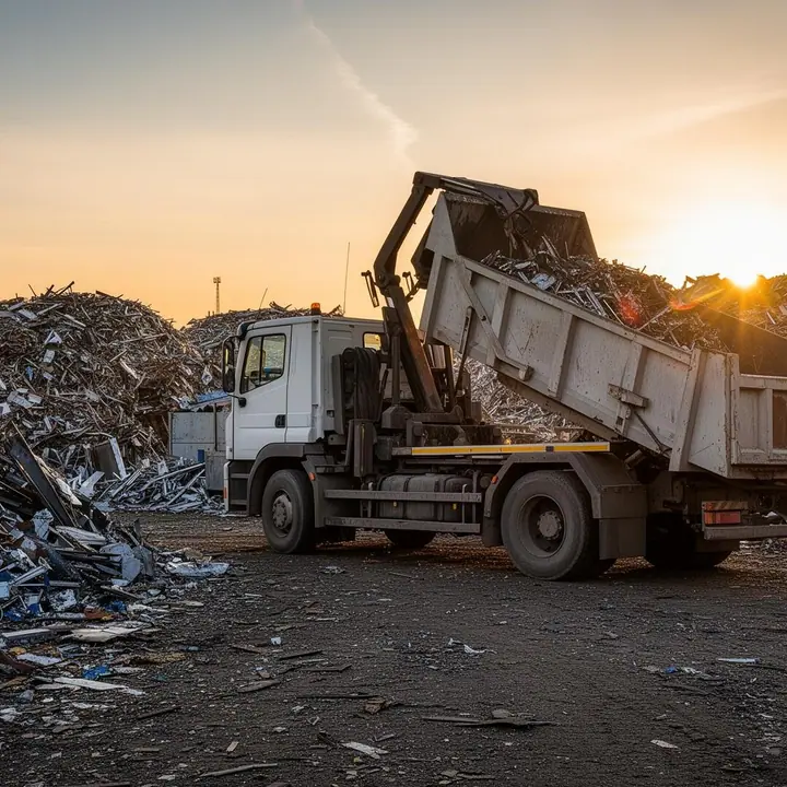 Truck among piles of scrap metal at a recycling yard
